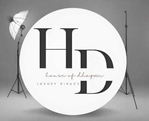 Circular logo with 'HD' initials and 'house of dhaqan' and " Luxury Diracs" text on a white background